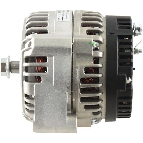 Side view of the *SPECIAL PRICE* - Alternator (Mahle) - 14V, 150 Amps - 4281878M93 by JMCE DEALS, featuring a metallic casing with visible copper coils and a black plastic component securing bolts and electrical connections, rated at 150 Amps.