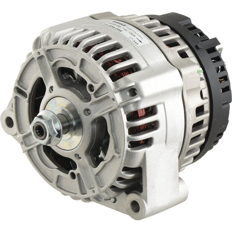 Close-up of a *SPECIAL PRICE* Alternator (Mahle) - 14V, 150 Amps - 4281878M93 from JMCE DEALS, featuring metallic housing with cooling vents, visible copper coils, and a central mounting bolt. This component ensures efficient electrical performance with its 150-amp capacity.