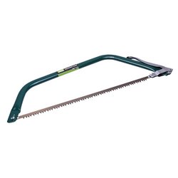 A Draper Hardpoint Pruning Saw, 530mm - D140B, featuring a green bow-shaped design, a long hardpoint saw blade, and a quick release blade tension lever.