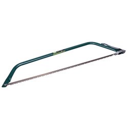 The Draper Hardpoint Bow Saw, 750mm - D140B by Draper features a green handle, rigid oval tubular frame, and a serrated metal blade with induction hardened teeth, specifically designed for cutting wood.