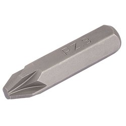 The Draper Pz Type Impact Screwdriver Bit, No. 3 - 2800M/PZ is a metal Pozidriv PZ3 bit with an 8mm hexagon shank base and a pointed, cross-shaped tip, making it ideal for impact screwdriver sets.