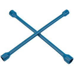 The Draper 4 Way Wheel Nut Wrench - PW5A by Draper is a heavy-duty, blue cross wrench featuring four sockets at the ends arranged in a crisscross pattern. It offers excellent durability with corrosion protection.