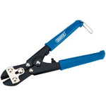 The Draper Straight Head Centre Cut Mini Cutters, 210mm - 1115/C, features a compact design with ergonomic handles and forged tool steel in blue and black for superior strength.