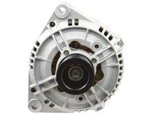 Close-up view of the Alternator (Sparex) - 12V, 120 Amps (Sparex Part Number: S.360941), showcasing the front face with the pulley in the center, secured by a hex nut, and the housing featuring cooling fins.