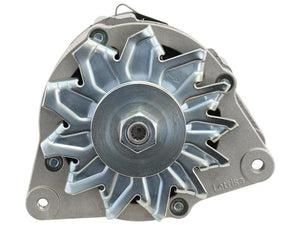 A front view of the Sparex Alternator (Mahle) - 14V, 65 Amps, featuring a Mahle single groove pulley and an external fan-like rotor component, all housed in a metallic casing. (Sparex Part Number: S.36095)