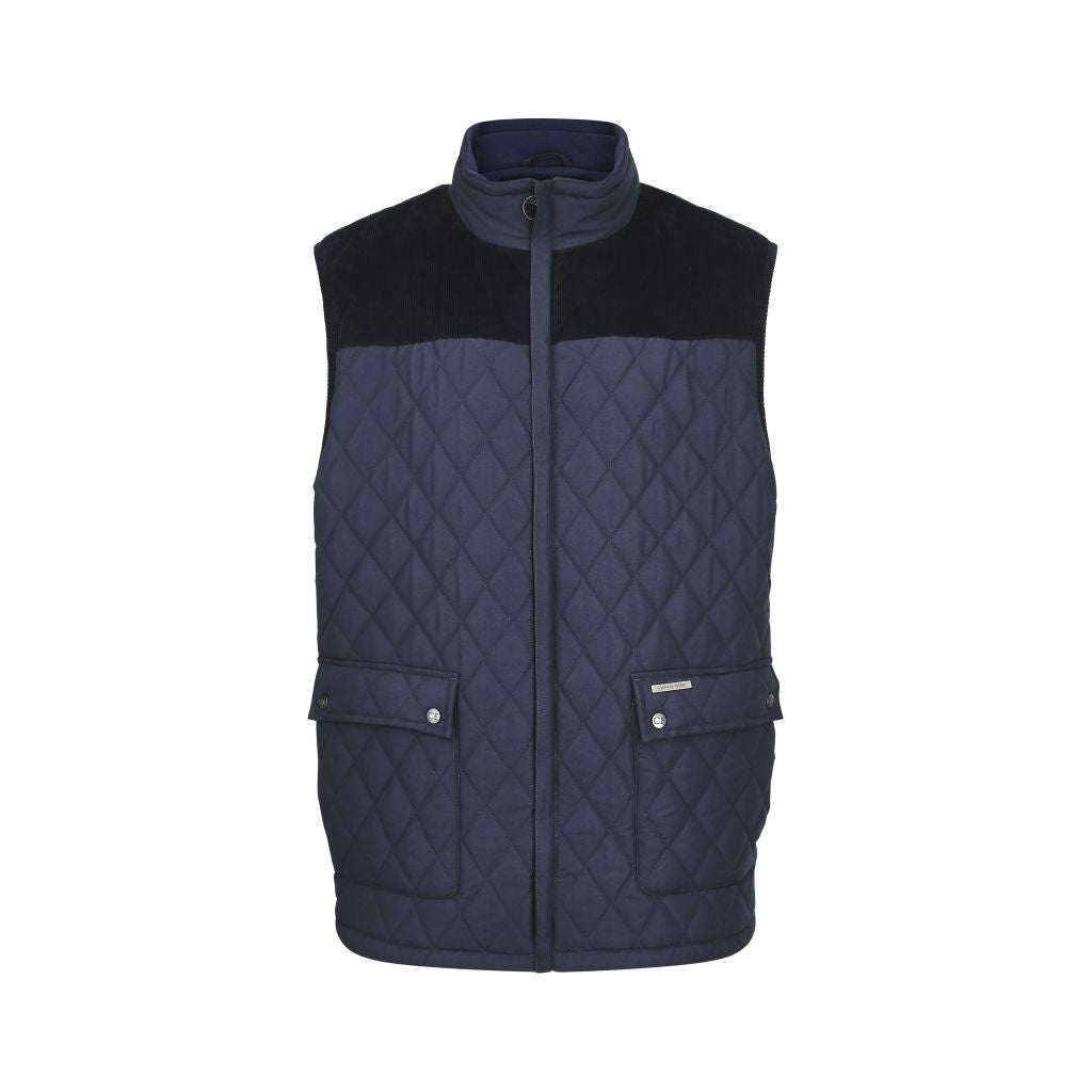 The Cottonmount Country Estate Arundel Quilted Bodywarmer Navy is a stylish navy blue vest with a black yoke, featuring a stand collar, snap button pockets, and a front zipper closure. Perfect for outdoor workwear or leisurewear, it also includes a cozy fleece lining for added comfort.