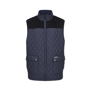 The Cottonmount Country Estate Arundel Quilted Bodywarmer Navy is a stylish navy blue vest with a black yoke, featuring a stand collar, snap button pockets, and a front zipper closure. Perfect for outdoor workwear or leisurewear, it also includes a cozy fleece lining for added comfort.