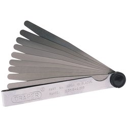 A fanned-out set of Draper 10 Blade Imperial Feeler Gauge Set - 4616B with 100mm long taper blades, perfect for measuring gaps or clearances in mechanical contexts.