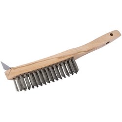 A Draper Heavy Duty 4 Row Wire Scratch Brush with a wooden handle, metal bristles, and a small scraper on one end, measuring 310mm - WB-HD/IS/L.