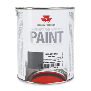 A 1-liter can of AGCO's Massey Ferguson - Light Grey Paint, labeled with the product code 3620512M5 and detailed product information.