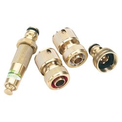 Four brass connectors from the Draper Brass Watering Accessory Set (4 Piece) - GWB9/H, including a spray nozzle, 1/2" hose connector, and various adapter fittings, arranged on a white background.