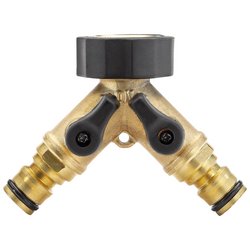 The Draper Brass Double Tap Connector With Flow Control, 3/4" - GW44/H is a Y-shaped garden hose splitter featuring two black valve switches and standard brass connectors, making it perfect for managing sprinklers and other garden hose attachments.