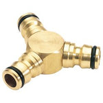 A Draper Brass 3 Way Connector - GWB7/H, a Y-shaped garden hose fitting with three barbed ends, each featuring black O-rings.