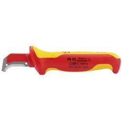 The Draper Knipex 98 55 Fully Insulated Cable Dismantling Knife, 155mm - 98 55, features a red and yellow handle designed for safe electrical work on sector cables up to 1000 volts. It meets EN60900 standards, ensuring your safety.