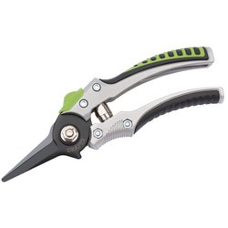 The Draper Non-Slip Pruning Secateurs, 180mm - GSDA1P, feature black and green high carbon steel blades, a silver pivot, and an ergonomic non-slip grip designed for trimming plants.