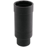 The Draper Audi Drive Shaft Socket, 3/4" Sq. Dr., 45mm - DSSA is a black cylindrical socket featuring a hexagonal interior end, ideal for use in automotive maintenance tasks with a socket wrench. The side is inscribed with specifications or measurements.