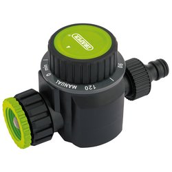 Close-up of the Draper Mechanical Water Timer - WTM1 garden hose timer in black and green, featuring an attached nozzle and both manual and automatic settings, capable of allowing up to 120 minutes of watering time.