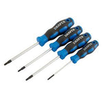 Four Draper Tx-Star® Soft Grip Screwdrivers (865TX/4), featuring chrome vanadium steel blades and embossed with the "Draper" brand on the handles, come in a set of black and blue tools arranged in varying sizes.