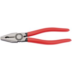 A pair of Draper Knipex 03 01 200 SBE Combination Pliers, measuring 200mm, featuring red handles, cutting edges, and a gripping section on the head, made from tool steel for Professional Quality.