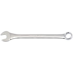 The Draper Combination Spanner, 24mm - 8220MM is a shiny, silver wrench crafted from durable chrome vanadium steel. It features an open-end on one side and a ring-end on the other, incorporating Draper HI-TORQ® technology for added precision and corrosion protection.