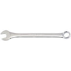 The Draper Combination Spanner, 24mm - 8220MM is a shiny, silver wrench crafted from durable chrome vanadium steel. It features an open-end on one side and a ring-end on the other, incorporating Draper HI-TORQ® technology for added precision and corrosion protection.