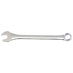 A Draper Combination Spanner, 27mm - 8220MM, features a silver finish and a double-ended design with an open-end on one side and a box-end on the other; it is forged from chrome vanadium steel to meet DIN3113 Specifications and lies horizontally on a white background.