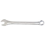 A Draper Combination Spanner, 27mm - 8220MM, features a silver finish and a double-ended design with an open-end on one side and a box-end on the other; it is forged from chrome vanadium steel to meet DIN3113 Specifications and lies horizontally on a white background.