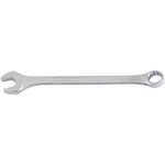 The Draper Heavy Duty Long Pattern Metric Combination Spanner, 33mm - 8220 MM, is a silver wrench featuring an open-ended side and a polished ring end, crafted from durable drop-forged chrome vanadium steel.