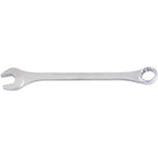 The Draper Heavy Duty Long Pattern Metric Combination Spanner, 50mm - 8220 MM, is a robust tool featuring an open end on the left and a box end on the right. Crafted from chrome vanadium steel and meeting DIN3113 specifications, it is perfect for tightening or loosening nuts and bolts.