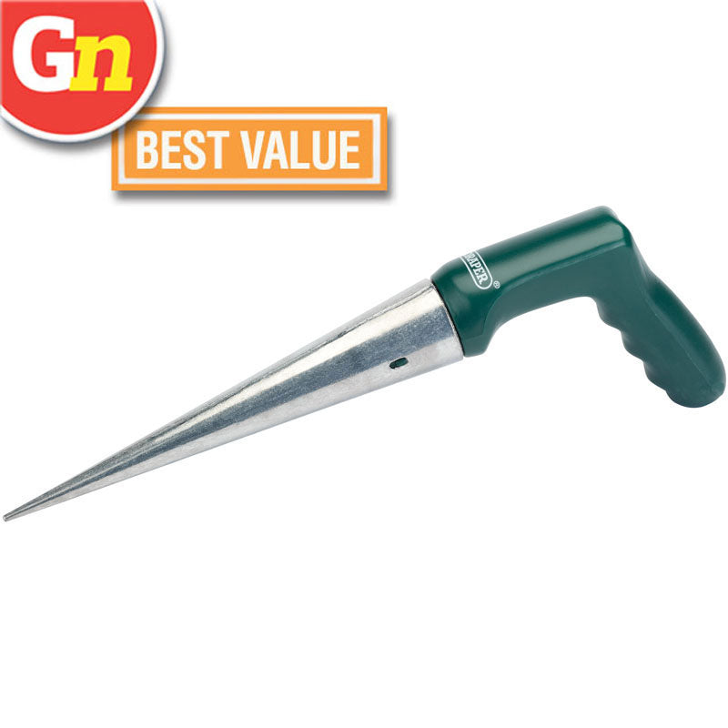 The Draper Garden Dibber - 3084 by Draper features a green handle and a metal spike, designed for operator comfort. It is labeled with a "BEST VALUE" badge in the top left corner.