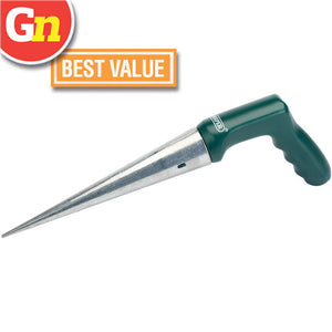 The Draper Garden Dibber - 3084 by Draper features a green handle and a metal spike, designed for operator comfort. It is labeled with a "BEST VALUE" badge in the top left corner.