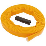 The Draper Layflat Hose With Adaptor, 5M X 25mm - ASWP3A, is a yellow hose featuring a reinforced black liner and equipped with a black plastic connector positioned in the center.