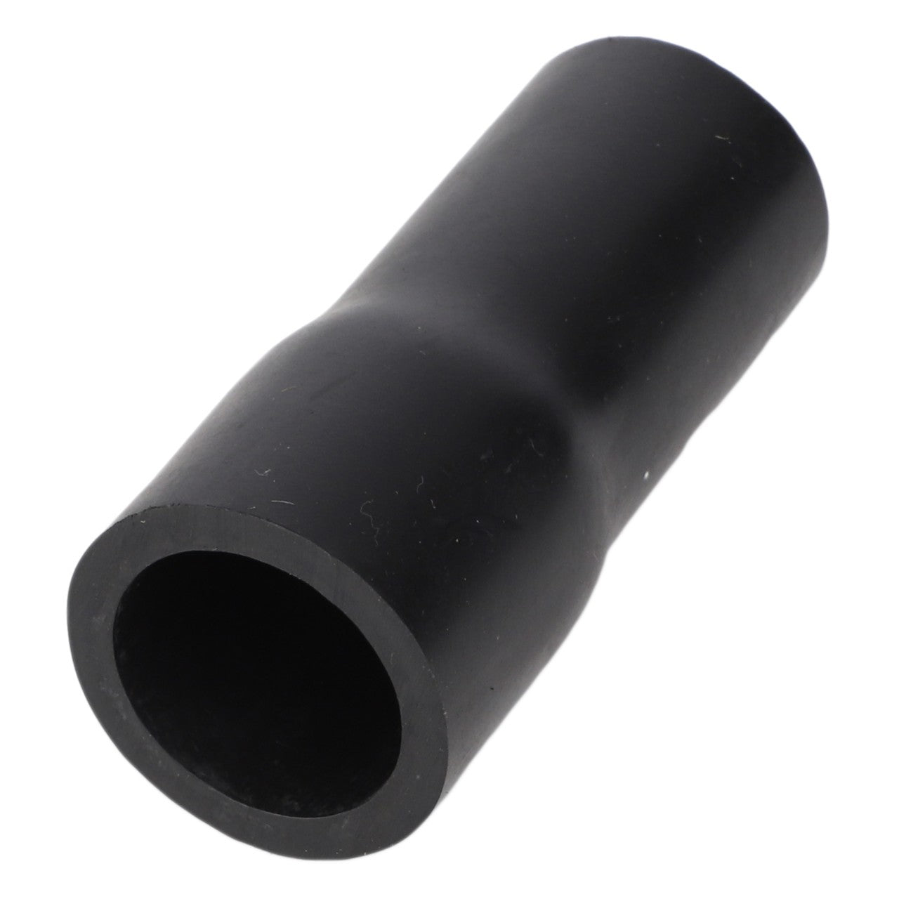 A black cylindrical rubber hose connector, observed at an angle with one end appearing slightly wider than the other. Compatible with MF 1210 models. Product Name: Hose - 3709412M1 by AGCO.