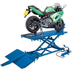 A green motorcycle secured on a blue Draper Pneumatic/Hydraulic Motorcycle/ATV Small Garden Machinery Lift, 680Kg - MCL4.