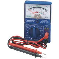 The Draper Pocket Analogue Multimeter - AMM1, branded by Draper, comes with attached red and black test probes. This meter features a dial for selecting measurement settings and a needle display showing various scales, making it ideal for electrical and automotive applications, including AC and DC voltage measurements.