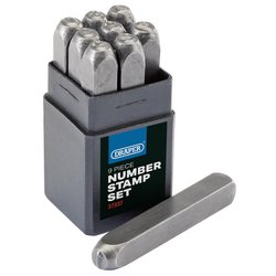 The Draper 0 - 9 Number Stamp Set, 3/16" - NS by Draper includes a 9-piece set of hardened and tempered alloy tool steel stamps stored in a gray plastic box, with one stamp placed beside the box.