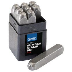 The Draper 0-9 Number Stamp Set, 1/4" - NS, includes nine pieces made from hardened and tempered alloy tool steel. It comes in a black plastic holder with one stamp resting beside the holder and features numbers 0-9 for all your marking needs.