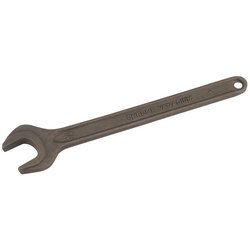 The Draper Single Open End Spanner, 14mm - 5894, is a high-quality tool made from hardened tempered chrome vanadium steel, complete with a hole at one end for convenient hanging.