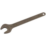 The Draper Single Open End Spanner, 16mm - 5894 is a metallic chrome vanadium steel tool featuring a phosphate finish and a hole at the handle's end for hanging.