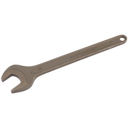 The Draper Single Open End Spanner, 18mm - 5894, is a metal wrench crafted from durable chrome vanadium steel and features a hole at one end for hanging.