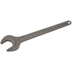 The Draper Single Open End Spanner (46mm - 5894) from the trusted brand Draper, is made of durable chrome vanadium steel and features a raised collar along with a hole at the handle's end for hanging or storage.