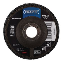 The Draper Polycarbide Strip Disc, with a 115 mm diameter and a 22.23 mm bore size, is perfect for rust and paint removal. It features black silicon carbide material and operates at a maximum speed of 60 m/s. The product code is SDB115.