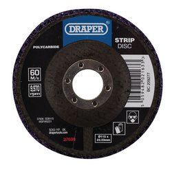 The Draper Polycarbide Strip Disc, 115mm in diameter and 22.23mm in bore, offers a rotation speed of 9,570 RPM and is crafted from purple silicon carbide material. Ideal for removing rust and paint, this disc boasts a speed rating of 60m/s.