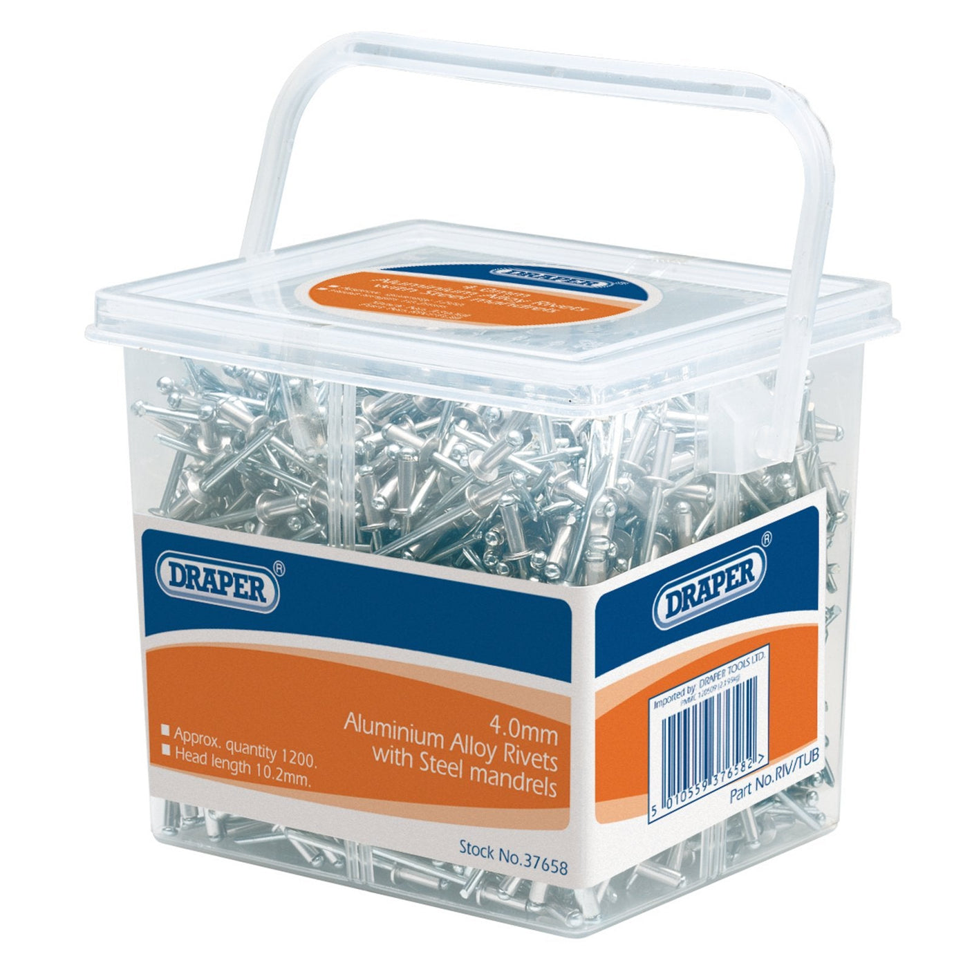 The Draper Blind Rivets, 4.0 x 10.2mm (Tub of 1200) - RIV/TUB come in a clear plastic box with a handle and contain aluminium rivets with steel mandrels. The box is labeled to indicate the size of 4.0mm, head length of 10.2mm, and includes approximately 1,200 rivets.