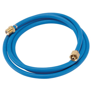 A blue coiled flexible extension hose, branded by Draper, featuring 3/8 BSP brass connectors at both ends and measuring 2 meters in length (Draper Tig Torch Extension Hose - WTRCHTIG/EXT).