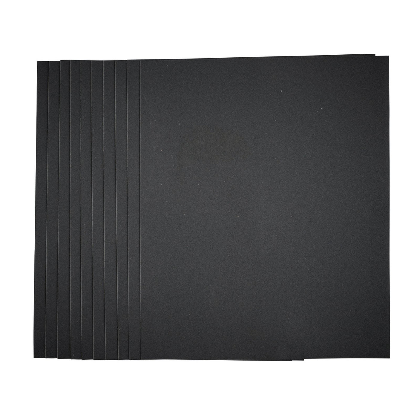 A neatly arranged stack of eight Draper Wet And Dry Sanding Sheets (230 x 280mm, 320 Grit), ideal for automotive sanding, is perfectly aligned against a white background.