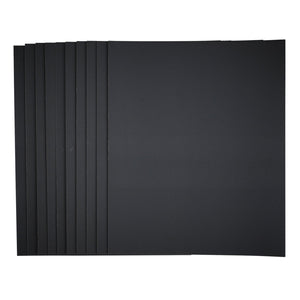 A stack of eight black Draper Wet And Dry Sanding Sheets, 230 x 280mm and 400 grit, backed with latex and made from silicon carbide, are arranged slightly offset from each other against a white background.