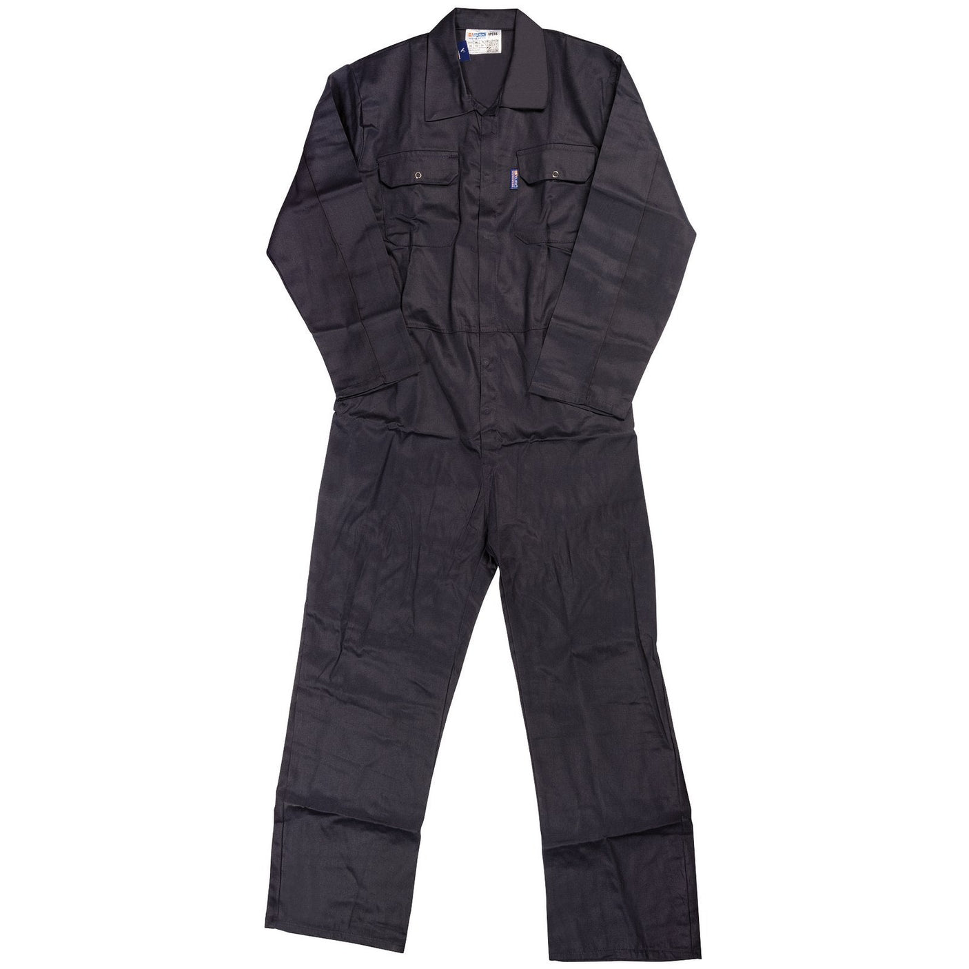 The Draper Boiler Suit, Medium - BS2, in black, features long sleeves, a folded collar, buttoned chest pockets, dual side pockets, and an elasticated back. It is displayed against a plain background.