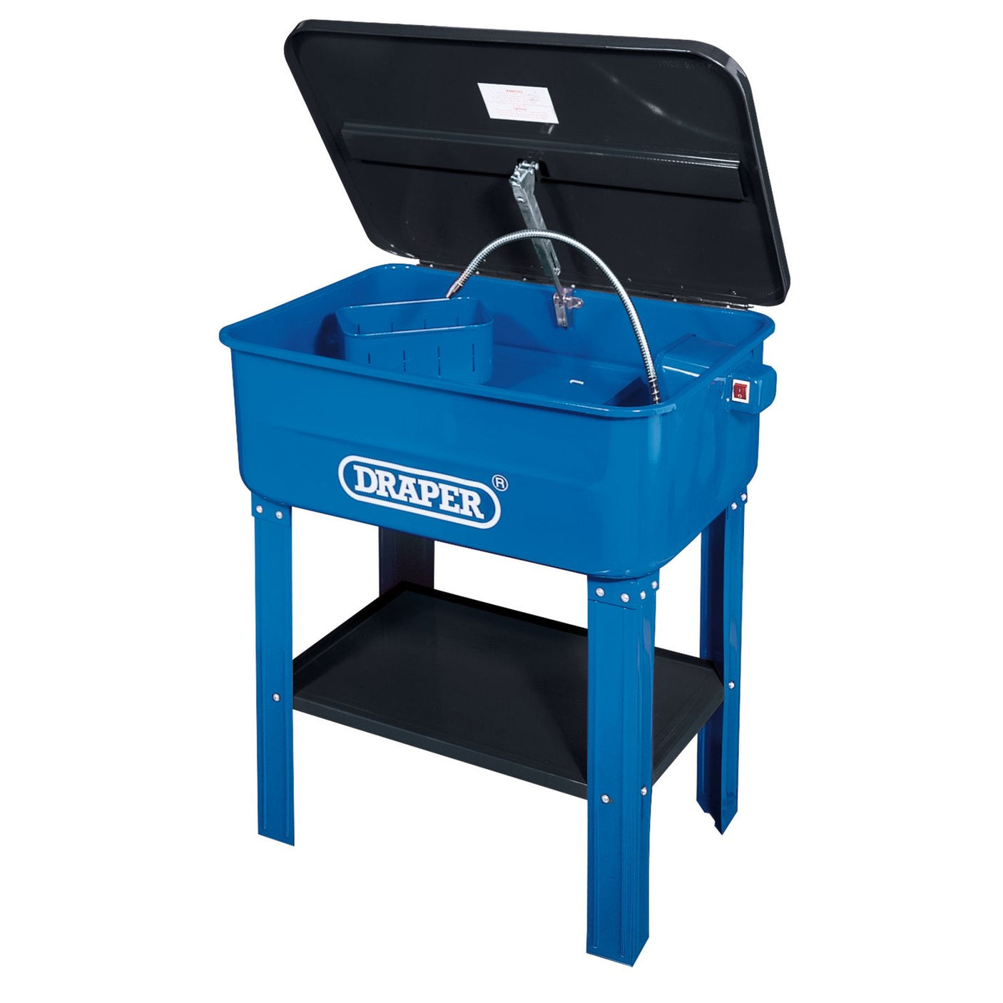 The Draper 230V Floor Standing Parts Washer, 76L - DPW1V2, is a blue unit with a black lid that opens, supported by four durable steel legs and featuring a lower shelf for additional storage. It includes an electric pump for efficient degreasing of component parts.