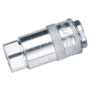 A close-up image of the Draper 1/4" Female Thread Pcl Parallel Airflow Coupling (A21CF02 BULK) with threaded ports and a knurled grip section, perfect for compressed air applications.